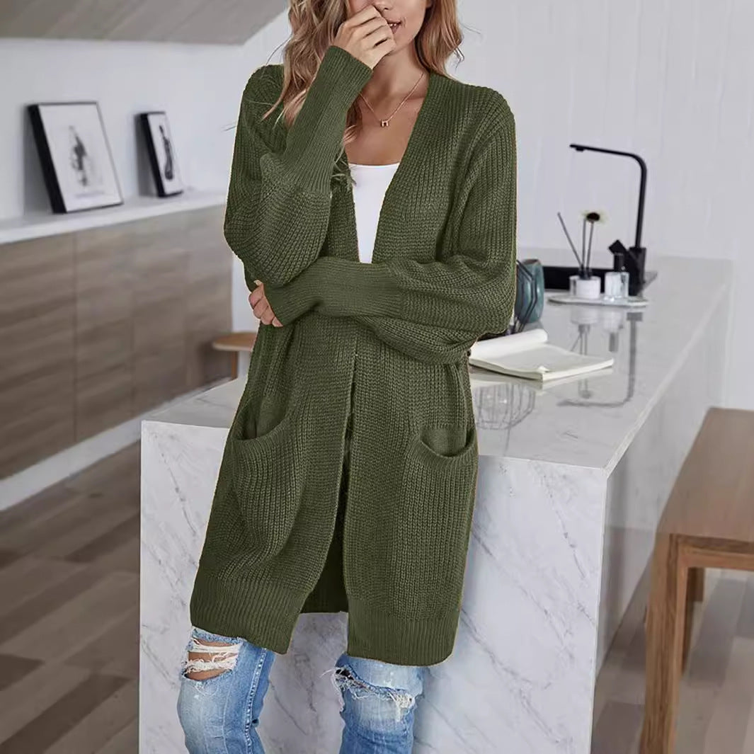 Women's Knitted Sweater Solid Color Pocket Cardigan Coat