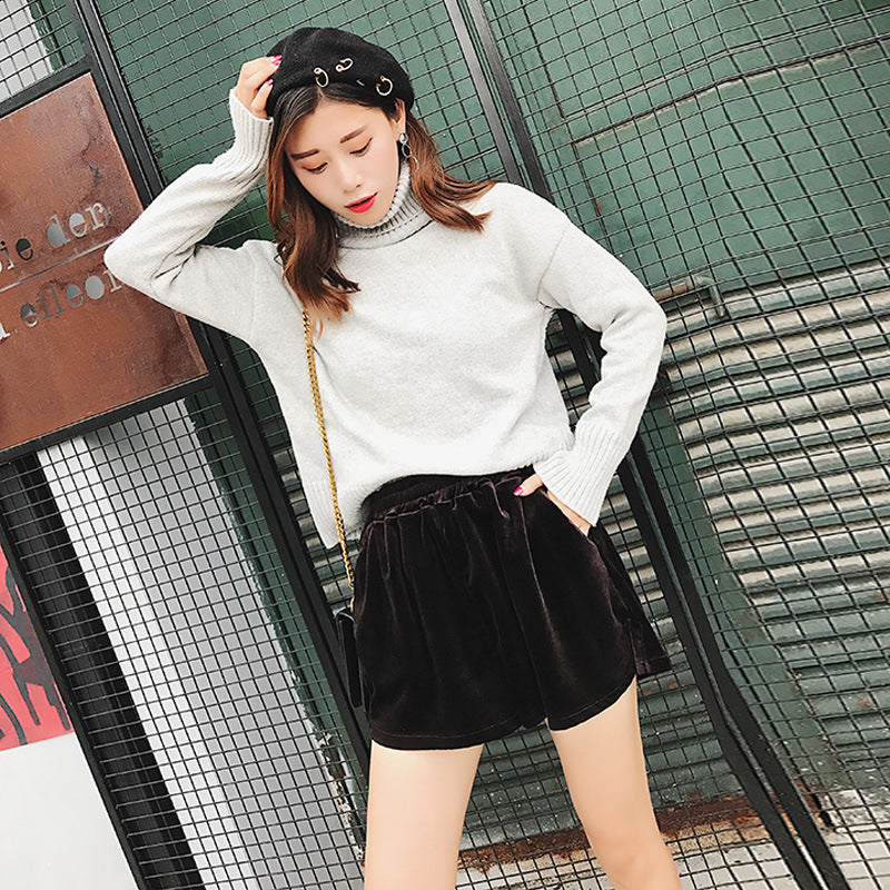 Vintage velvet Elastic Waist Shorts winter thick thin side slit wide leg pants pants female casual boots tide