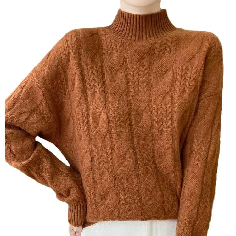 Female Solid Color Thickened Jacquard Turtleneck Wool Sweater