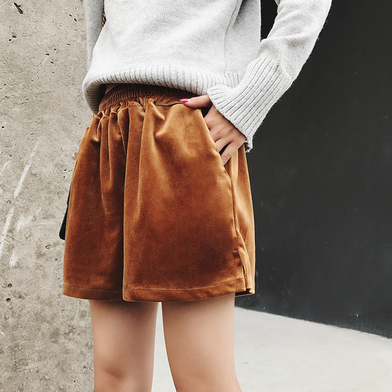 Vintage velvet Elastic Waist Shorts winter thick thin side slit wide leg pants pants female casual boots tide