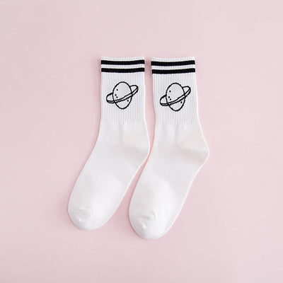 Women's solid color two-bar planet cotton sports socks