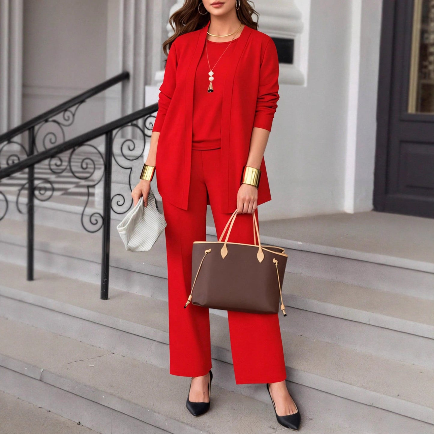 Loose Cardigan Jacket Matching Vest Top Straight-leg Trousers Three-piece Set