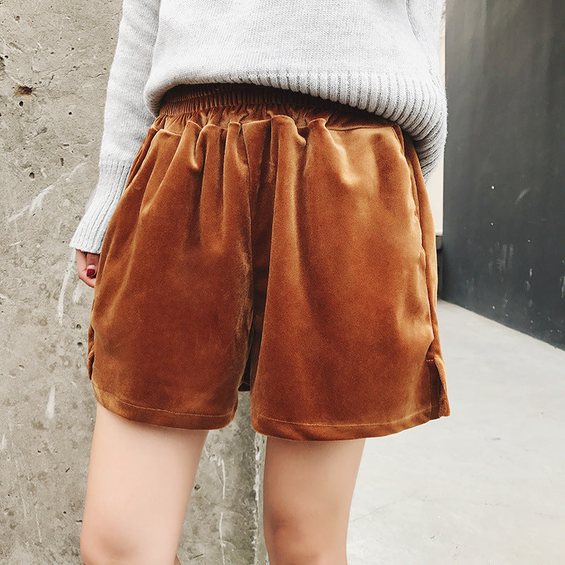 Vintage velvet Elastic Waist Shorts winter thick thin side slit wide leg pants pants female casual boots tide