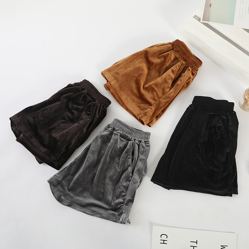 Vintage velvet Elastic Waist Shorts winter thick thin side slit wide leg pants pants female casual boots tide