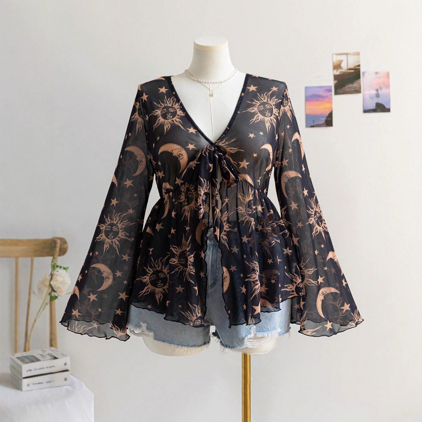 V-hals Mesh Print Ferie Stil Top til Kvinder