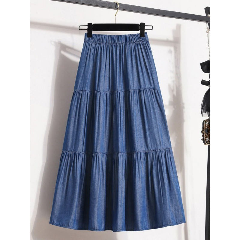 Elastic Waist Ice Silk Denim Skirt For Women