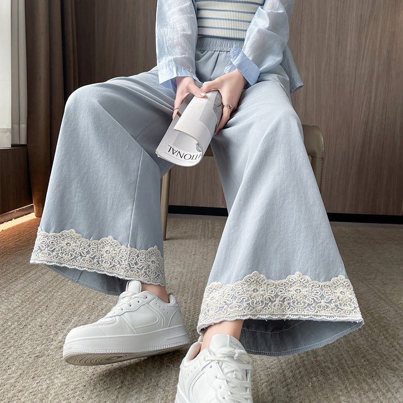 Women's Washed Cotton Lace Wide-leg Pants