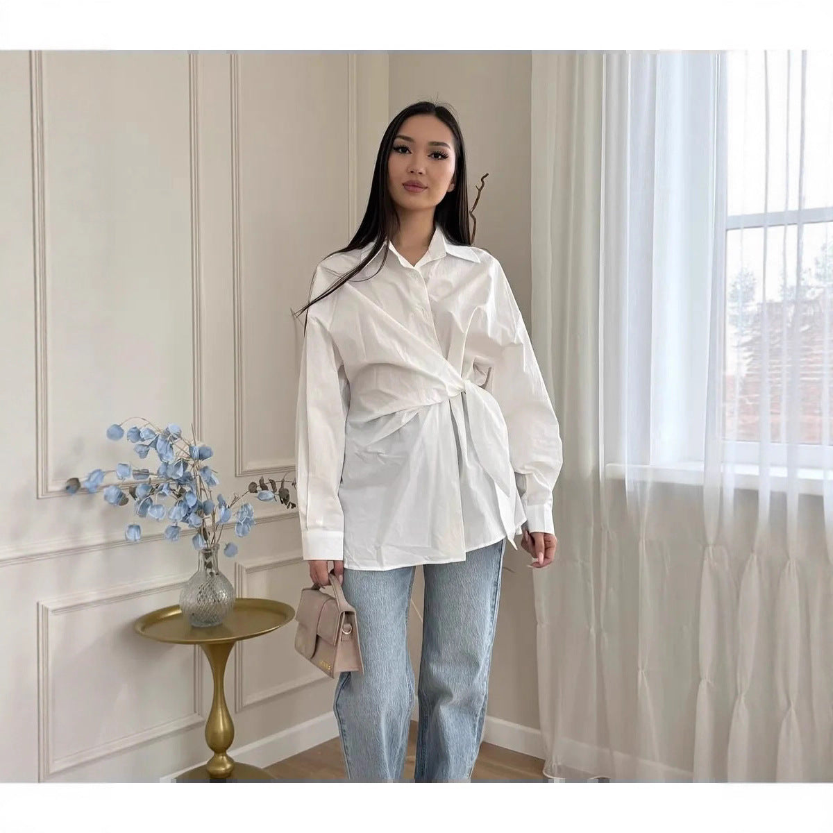 Turn-down Collar Single-breasted Tie-waist Slimming Shirt