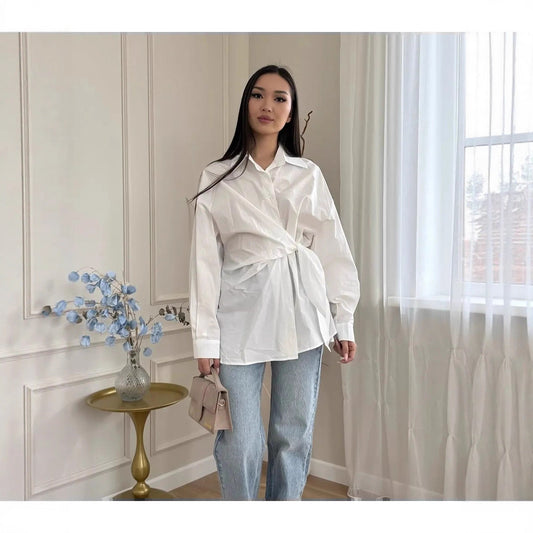 Turn-down Collar Single-breasted Tie-waist Slimming Shirt