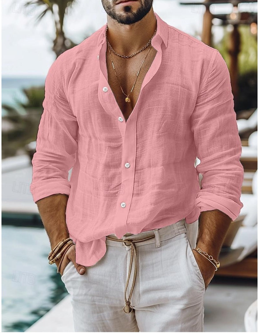 Mens Solid-color Casual Button-up Shirt Breathable