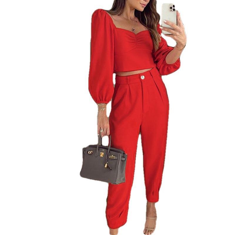 Fashion Matching Suit Temperament Pure Color Square Collar Long Sleeve Top High Waist Ankle-tied Trousers Two-piece Set