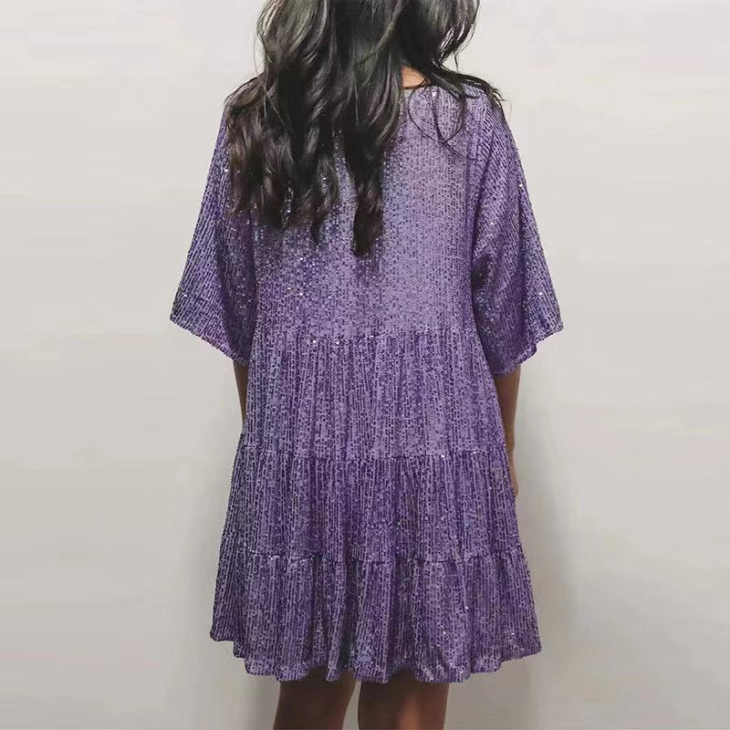 Fashionable Sequins Round Neck Loose Waist Short Sleeves And Skirt Dress