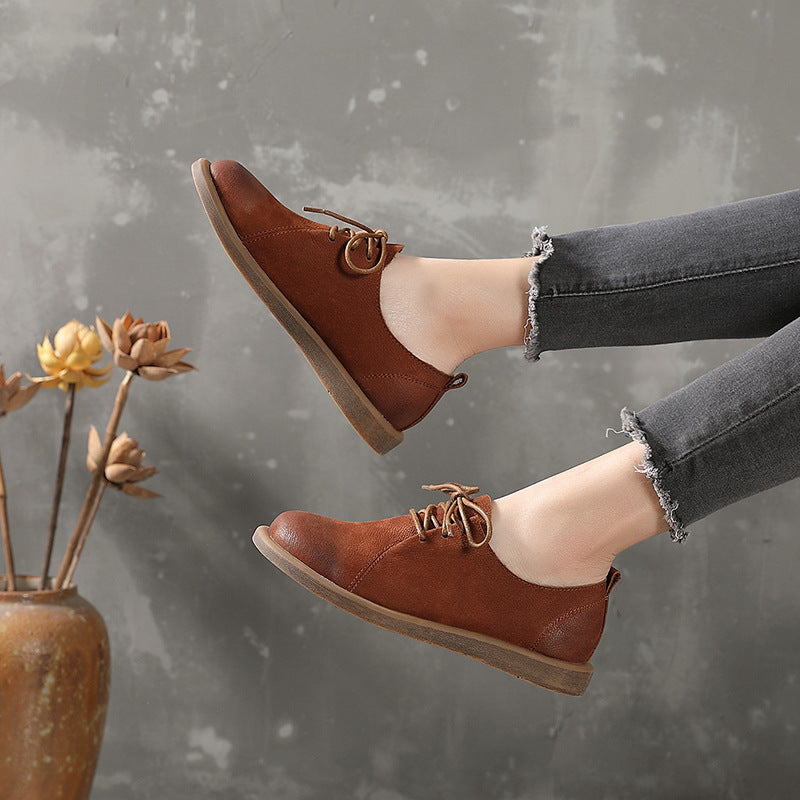 Flat Round Toe Literary Retro Lace Up Leather Shoes