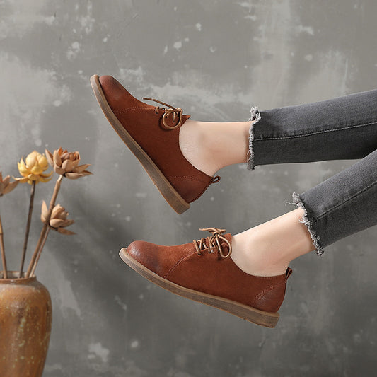 Flat Round Toe Literary Retro Lace Up Leather Shoes