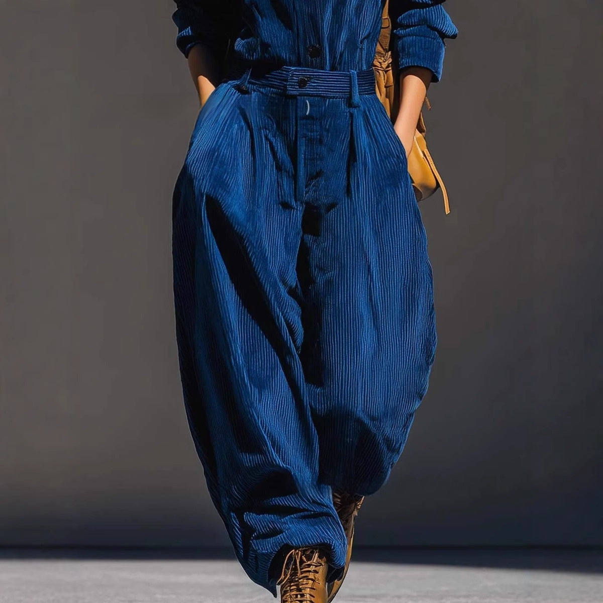 Blue Corduroy Hooded Top And Wide-leg Pants Set