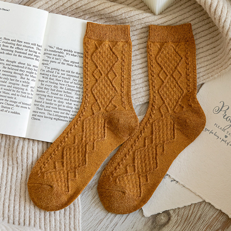 Female Solid Color Peplum Simple Wind Japanese Retro Autumn And Winter Dark Pattern Diamond Plaid Medium Tube Mori System Socks