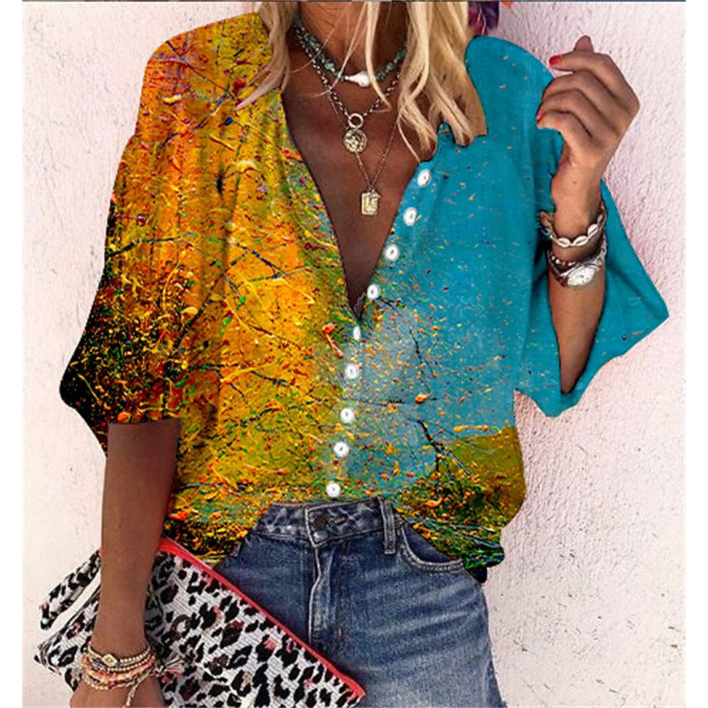 Floral-print Long-sleeve Top Fashionable V-neck Blouse For Women 3D