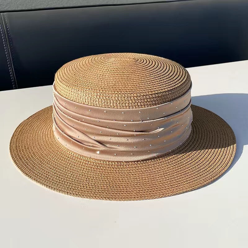 Spring And Summer Short Brim Satin Rhinestone Straw Flat Top Hat Women