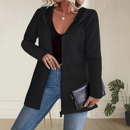 Womens AutumnWinter Solid-Color Ripple-Panel Casual Loose Hooded Jacket Coat