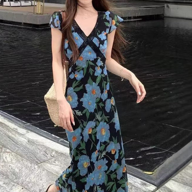 Resort Style V Neck Ruffled Sleeve Patchwork Maxi Dress