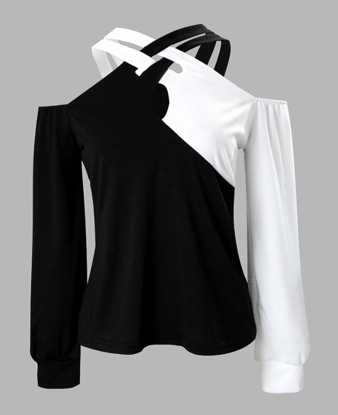 Black And White Patchwork Casual Fashion Cross Belt Women's Top