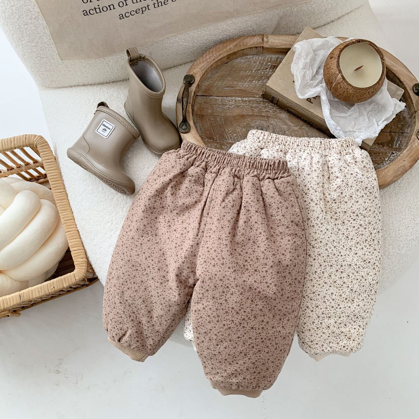 Cotton Padded Thickened Western Style Brushed Floral Loose Pants