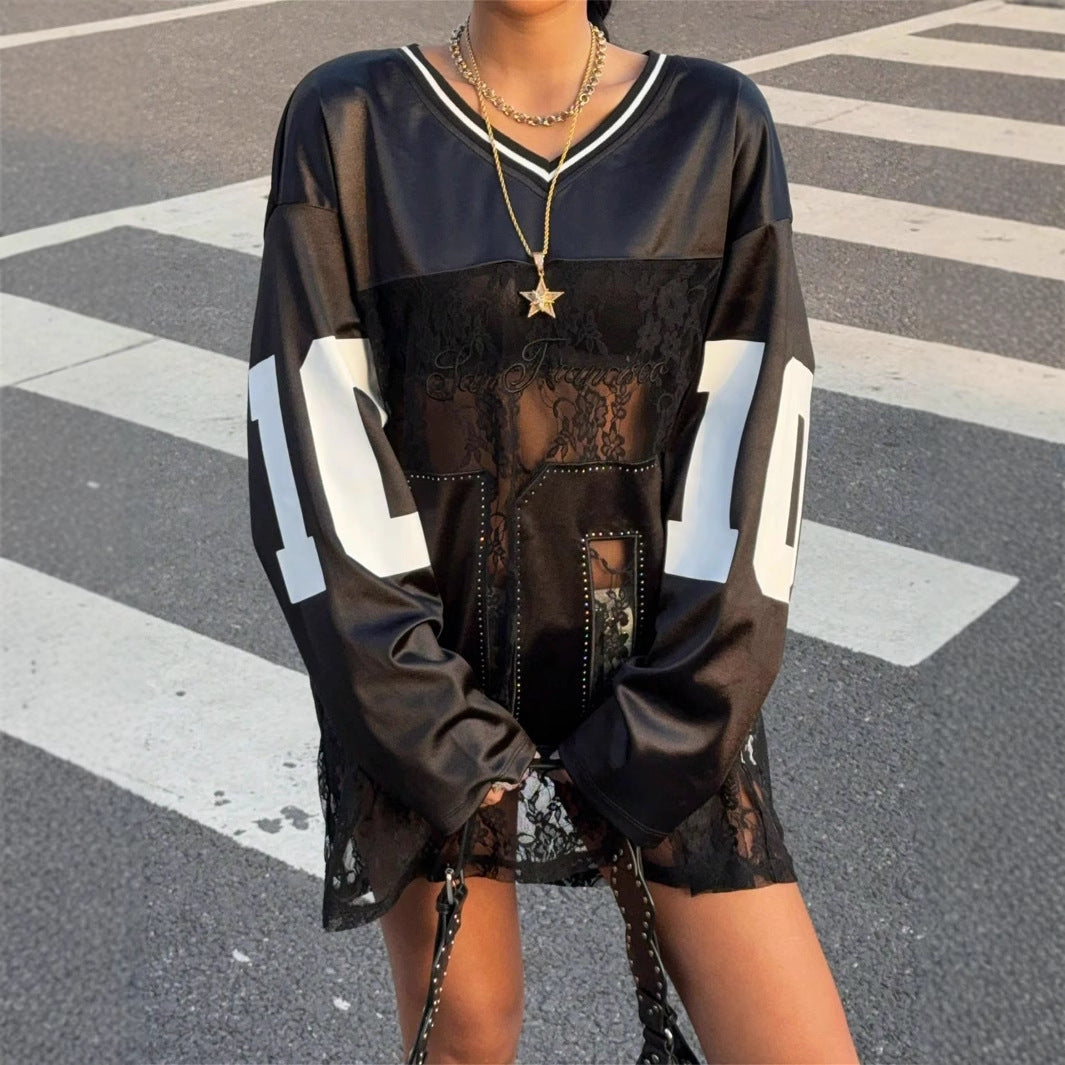 Løs V-hals sweatshirt til kvinder med tryk og gennemsigtig blonde