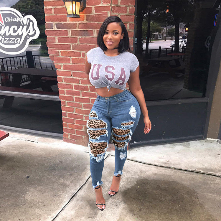 Personalized leopard cut hole skinny jeans