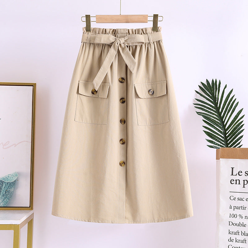 Summer New Artistic Solid Color Buttons Mid-length Skirt Mori Girl Elastic Waist Cotton And Linen A- Line Skirt