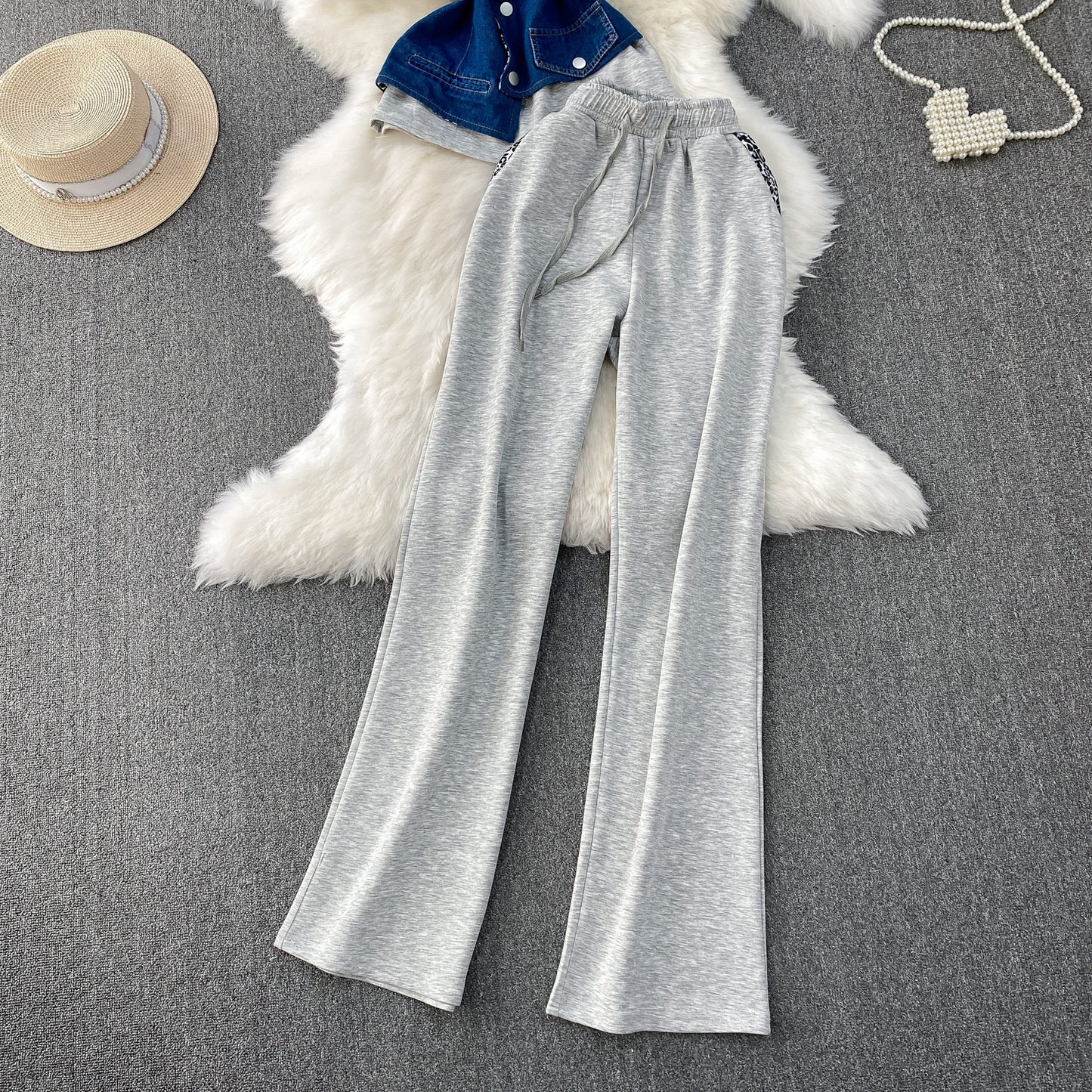 Fashionable Patchwork Denim Short-Sleeve Top And Wide-Leg Pants Two-Piece Set