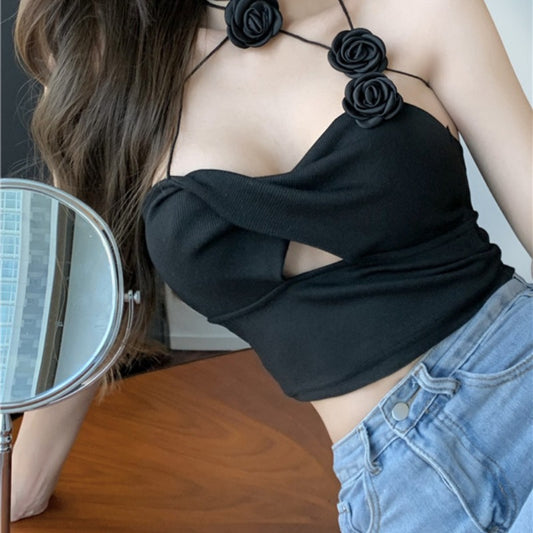 Women's Black Tight Halterneck Rose Suspender Summer Top