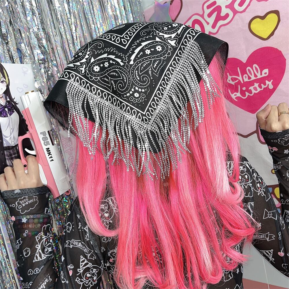 Rhinestone Chain Cashew Flower Hip Hop Square Scarf