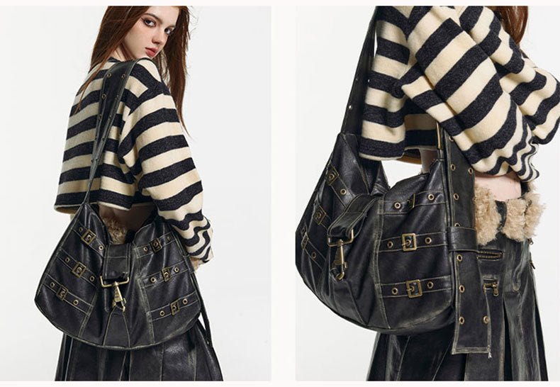Tote Underarm Shoulder Portable Retro Large Capacity Commuter Black Bag