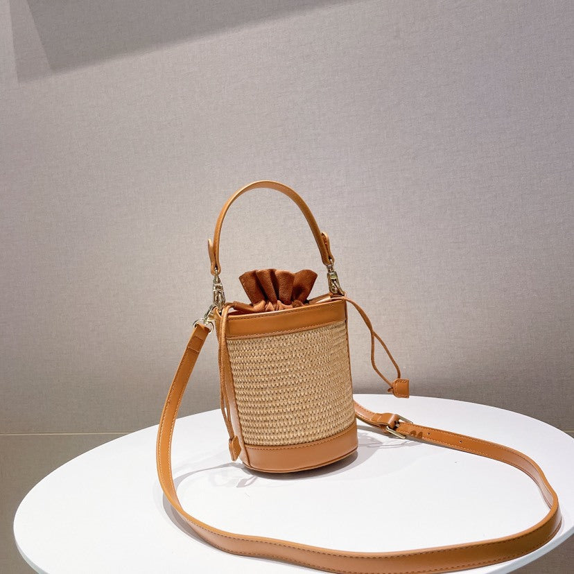 New Contrasting Vintage Straw Drawstring Bucket Bag