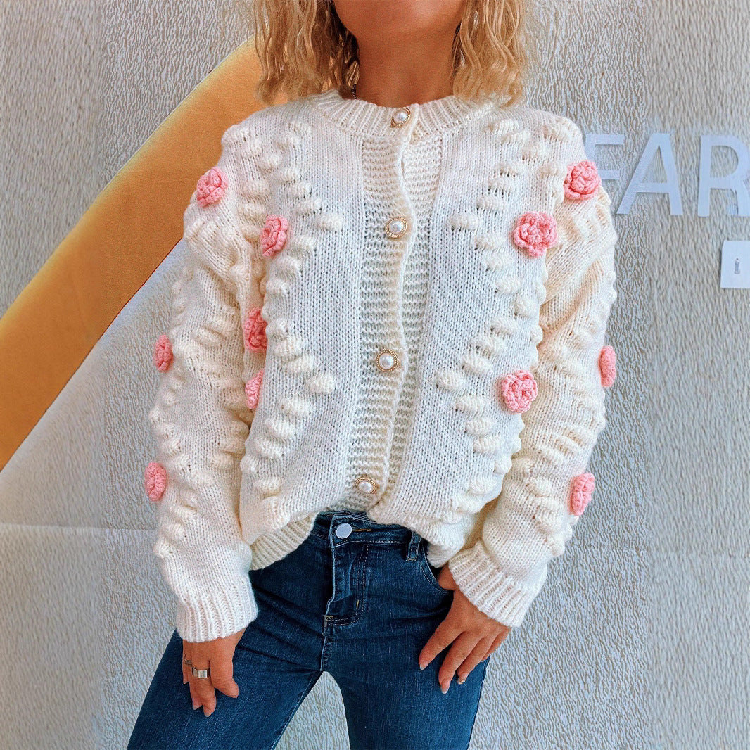 Cute Three-dimensional Flower Decorative Knitted Cardigan Round Neck Sweater