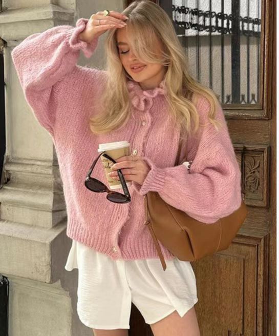 Women's Preppy Style Round Neck Sweater Cardigan Elegant Ruffle
