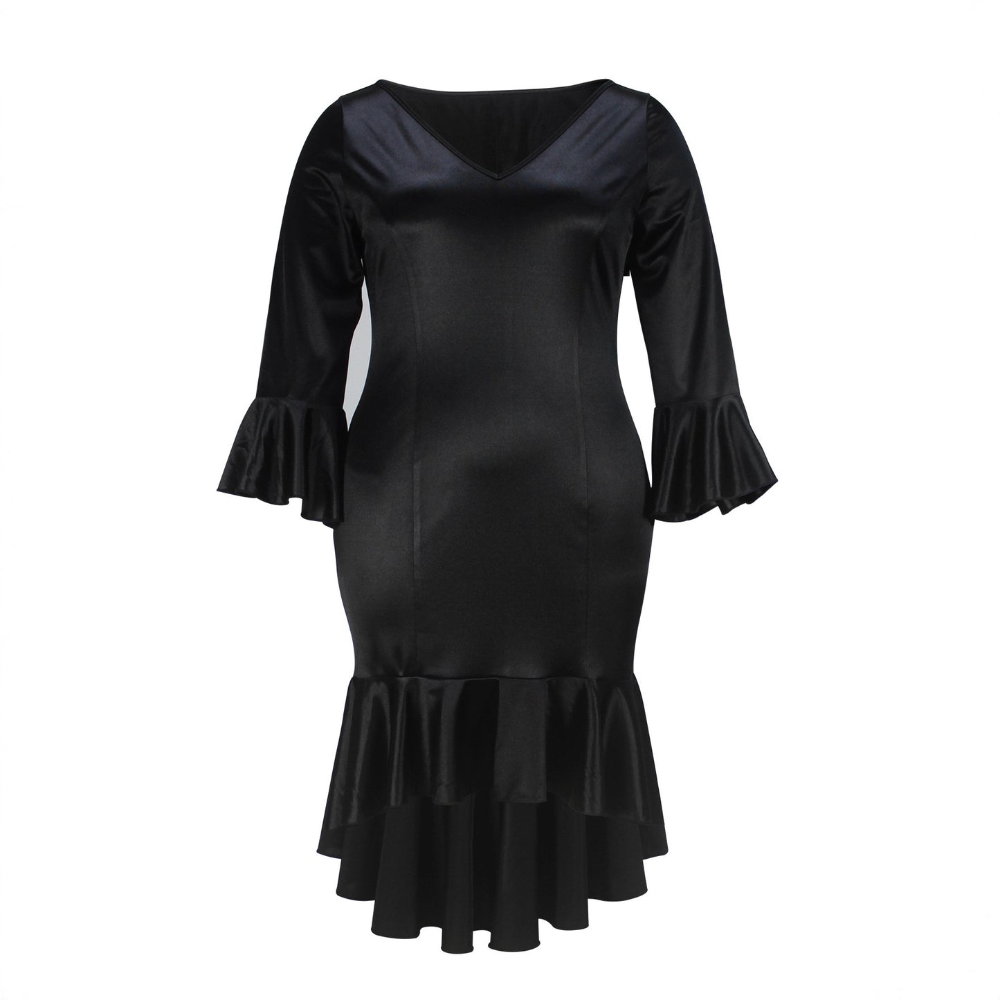 Womens Flared Sleeve Long-Sleeve V-Neck Plus-Size Dress
