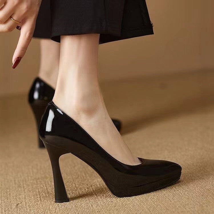 Low-cut Waterproof Platform Gentle Bright Leather Pumps Professional Women's Shoe