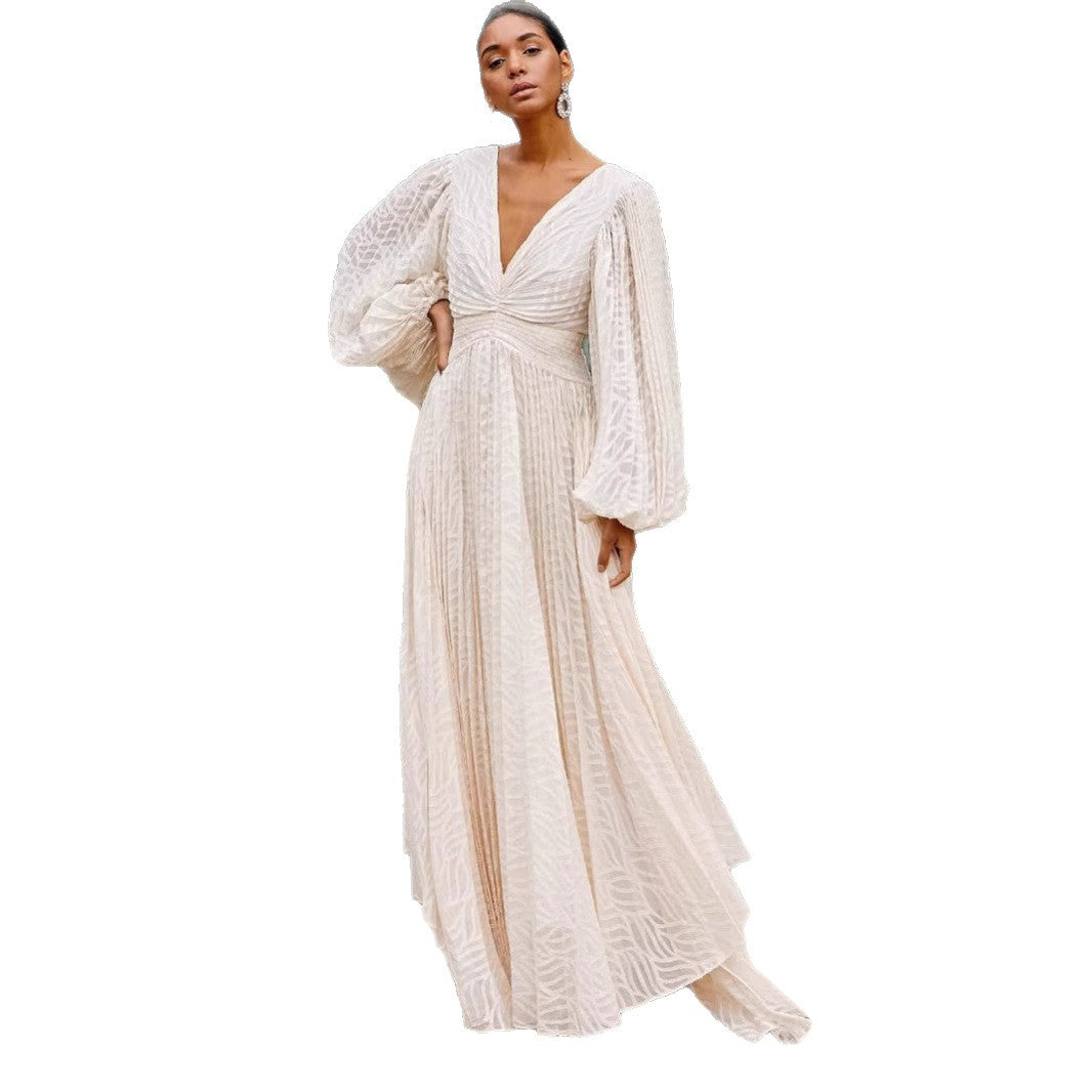 Womens Long-Sleeve Extra-Large Flared Pleated Lantern-Sleeve Dress
