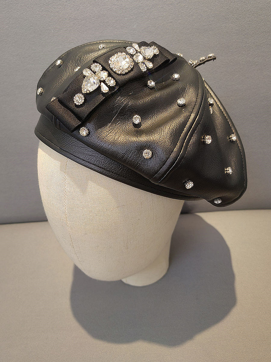 PU Leather Octagonal Hat Korean Style Rhinestone Bow Beret