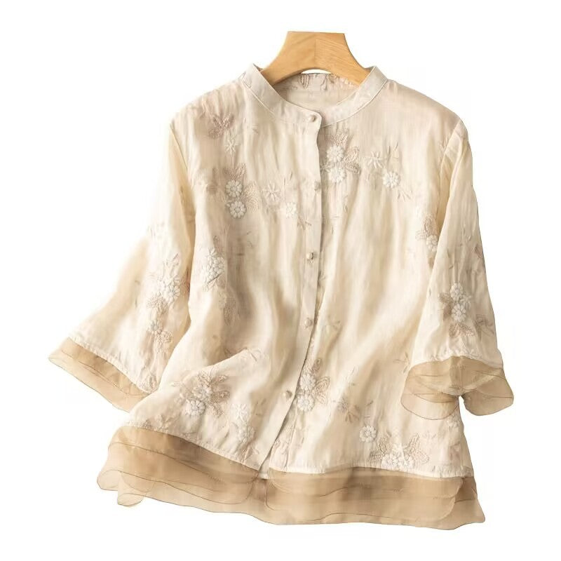 Artistic Retro Heavy Industry Embroidered Cotton And Linen Top