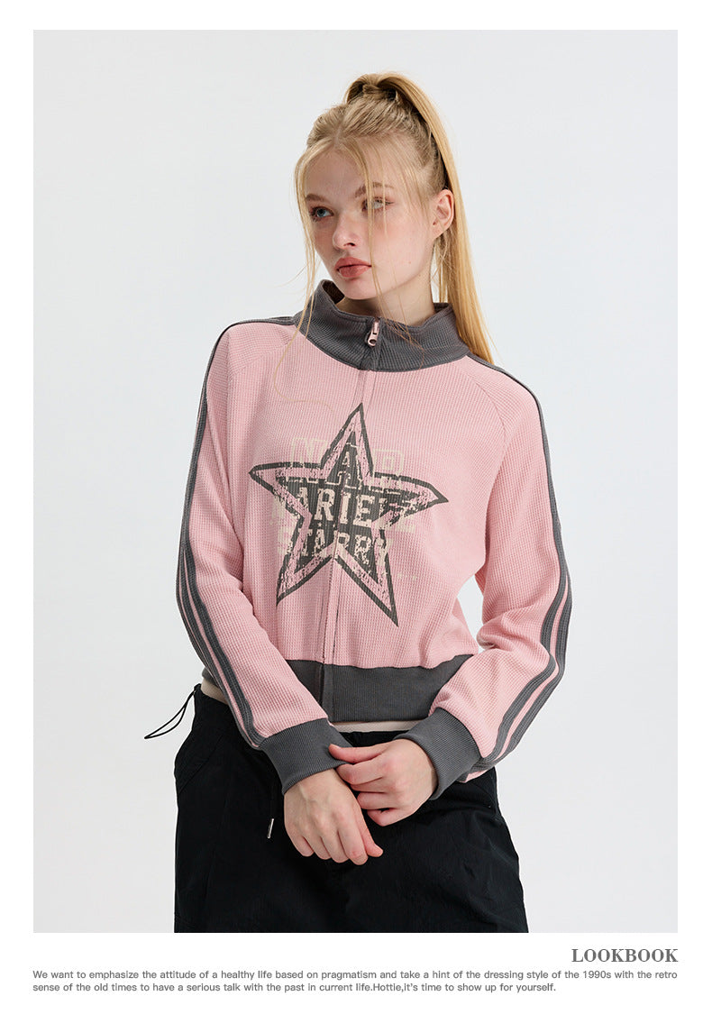 Five-pointed Star Pink American Retro Three-bar Sleeve Cardigan Stand Collar Sweater