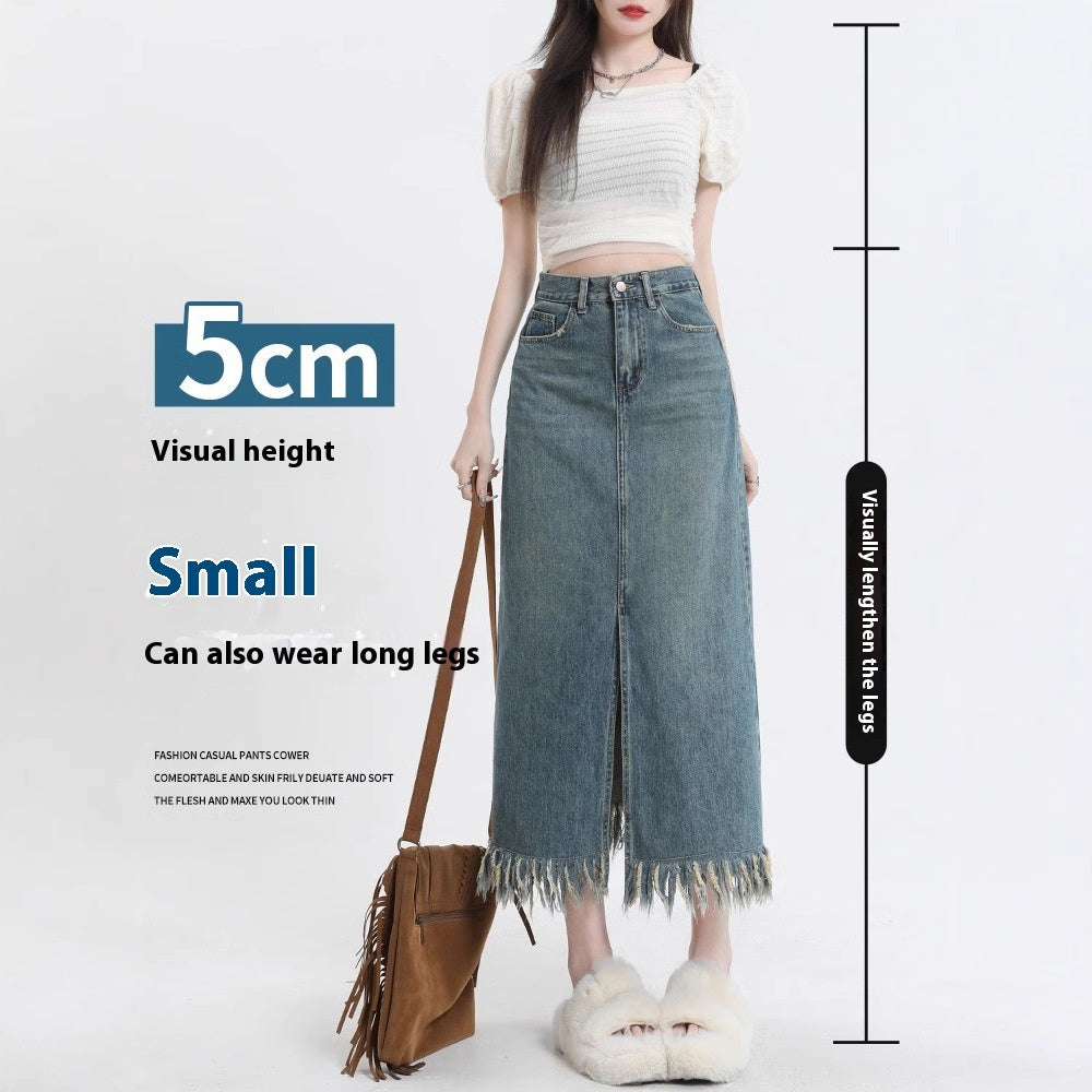 Retro Slids Denim Nederdel Kvinders Kvast Midnatslang Hofte Nederdel