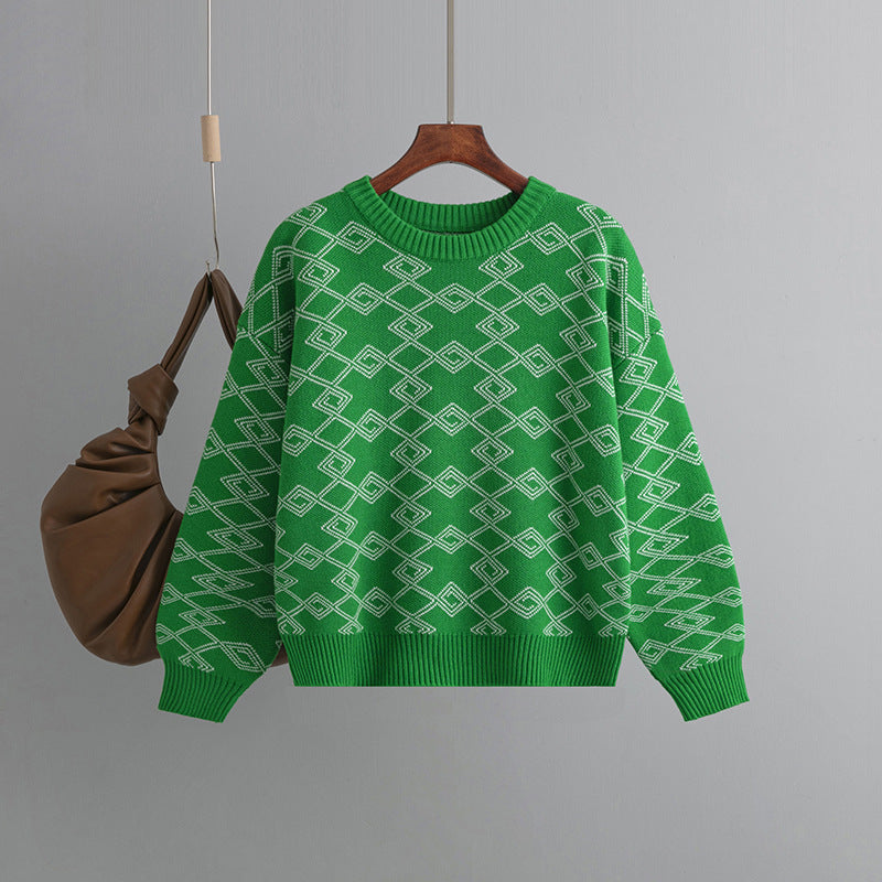 Jacquard Long-sleeved Sweater Loose Round Neck Western Style