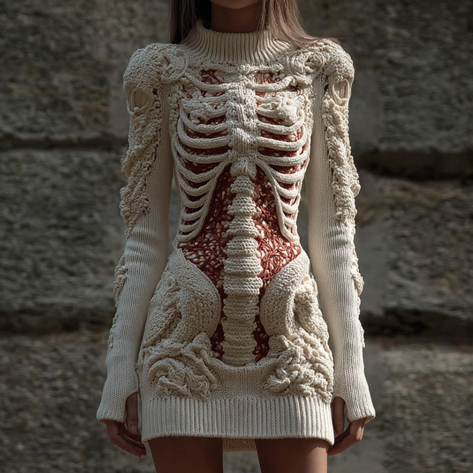 Halloween Street-style 3D Digital-print Skeleton Bodycon Skirt And Sweater Set For Europe And The US