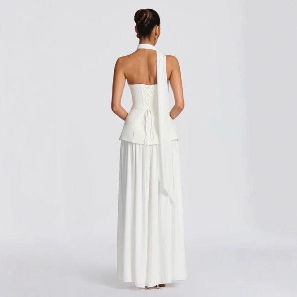 Fishbone-style Mesh Tube Dress With A Cinched Waist And Flowing Ribbons