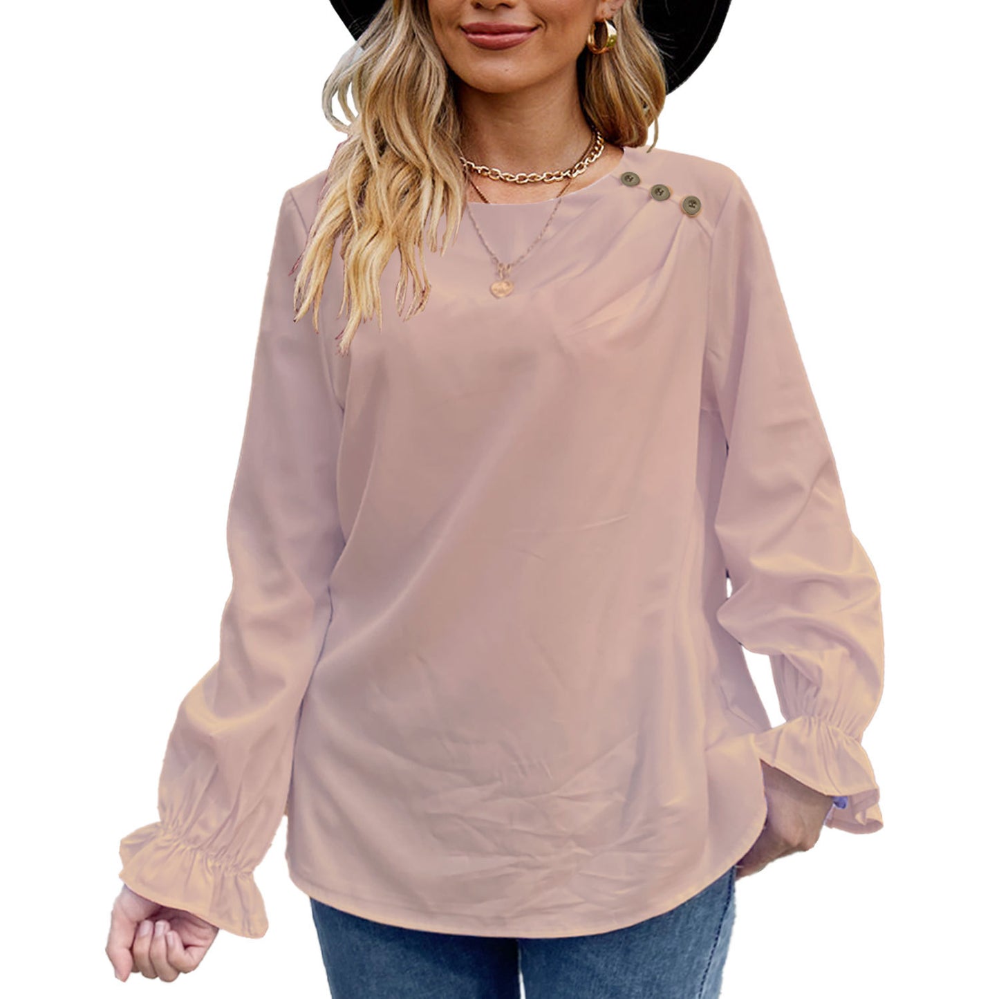 European And American Solid Color Buttons Loose Round Neck Long Sleeve Shirt