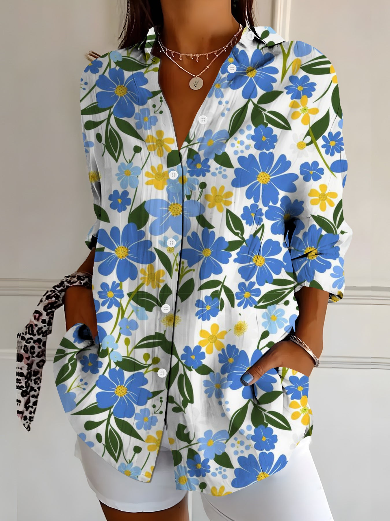 Womens Vibrant Colorful Floral-patterned Long-sleeve Shirt