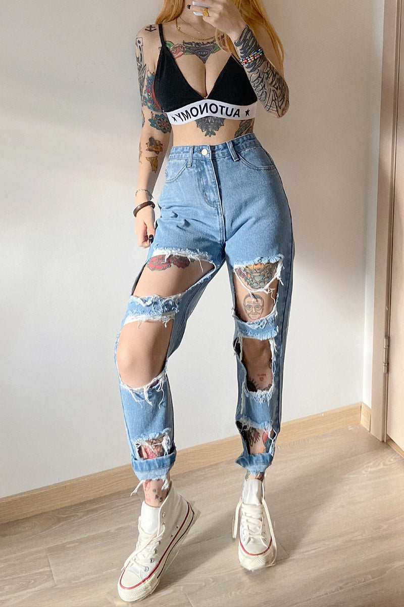 Ripped raw high-rise jeans