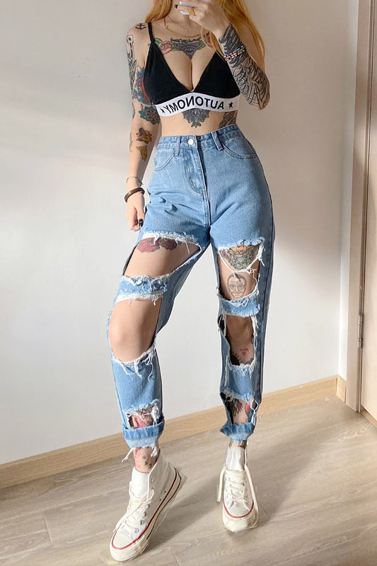Ripped raw high-rise jeans